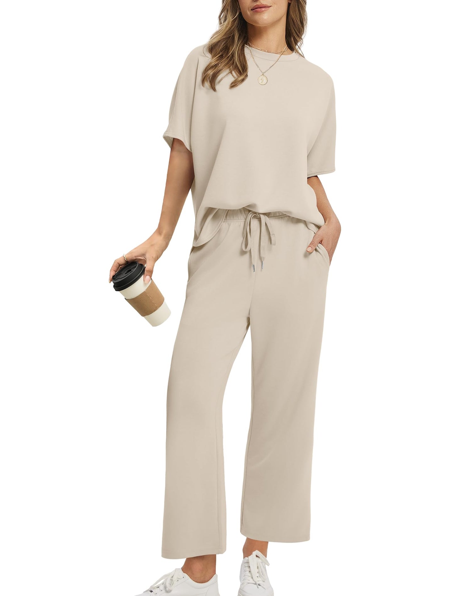 SAMPEEL 2 Piece Sets for Women Summer School Teachers Outfits Lounge Beach Vacation Clothes Women Fashion Clothing Travel Teacher Outfits Beige M