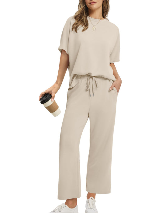 SAMPEEL 2 Piece Sets for Women Summer School Teachers Outfits Lounge Beach Vacation Clothes Women Fashion Clothing Travel Teacher Outfits Beige M