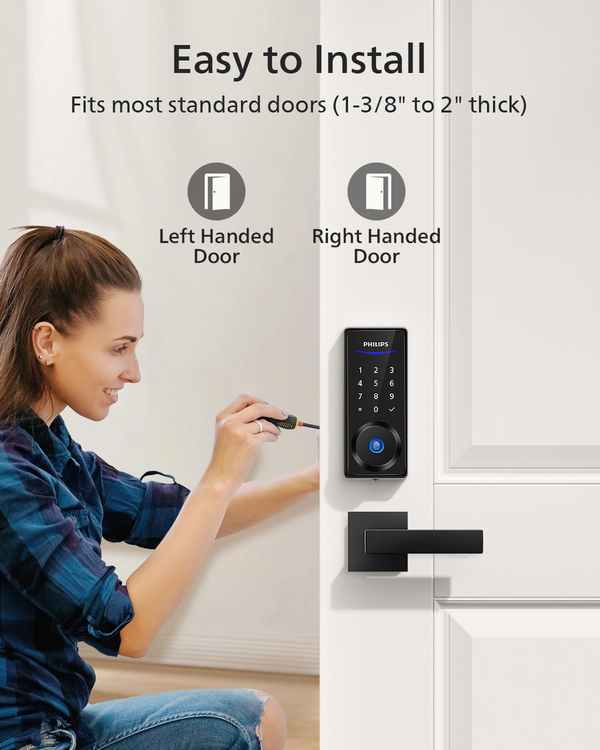 Philips Fingerprint Door Lock with 2 Lever Handles Set, Keyless Entry Door Lock with Handles, Electronic Door Lock Set with Code, Door Lock Set for Front Door,Auto Lock, Touchscreen Keypad with Key