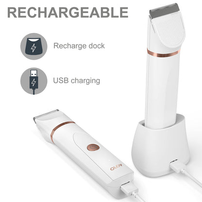 OLOV Electric Body Hair Trimmer - Groin Trimmer for Men - Bikini Trimmer Women - Wet/Dry Shaver Groomer, Replaceable Ceramic Blade Heads, USB Recharge Dock, Waterproof Hygiene Razor, White