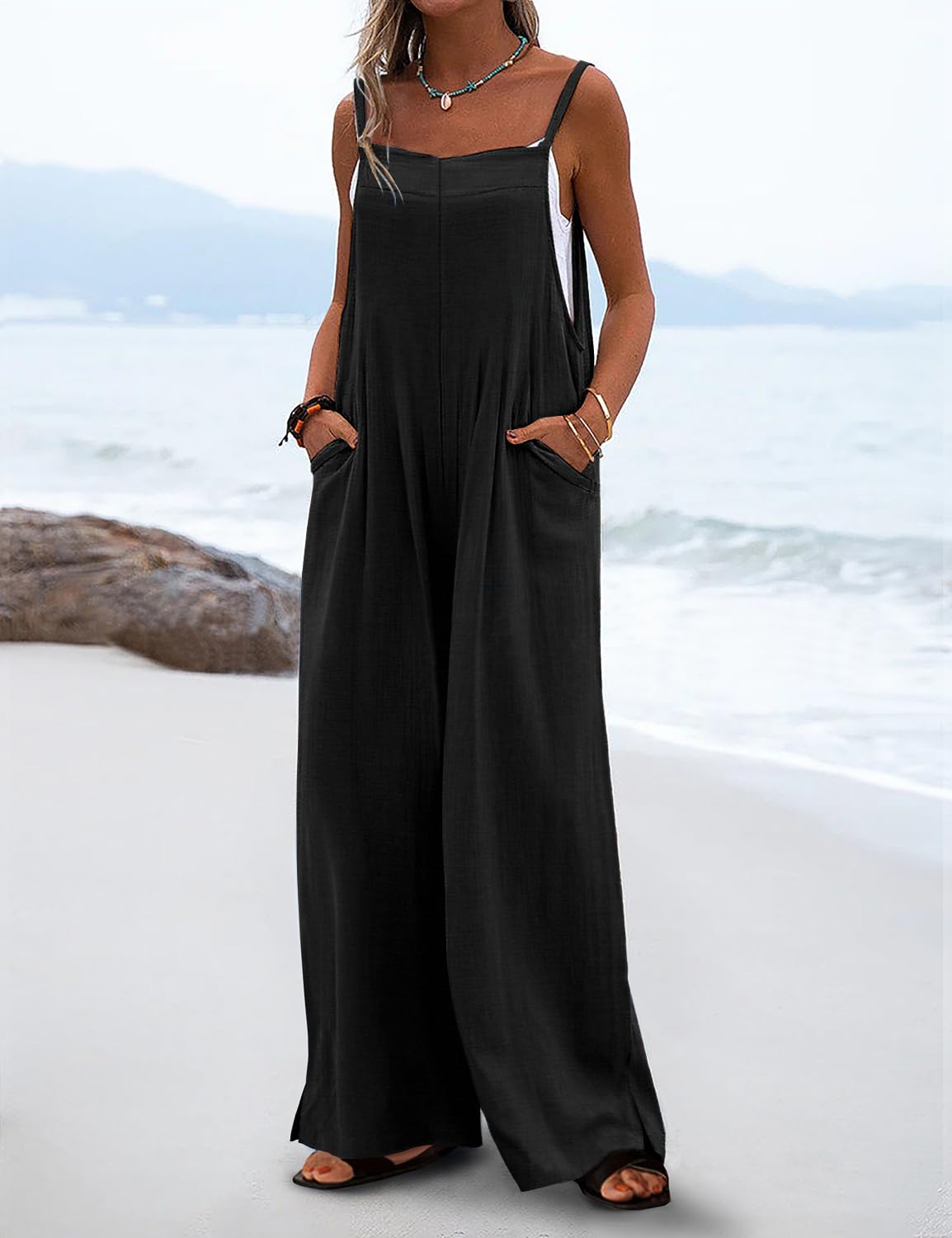 YESNO Women's Summer Boho Casual Jumpsuits Wide Leg Overalls Floral Print Baggy Rompers with Pocket S PZZCR Solid Black