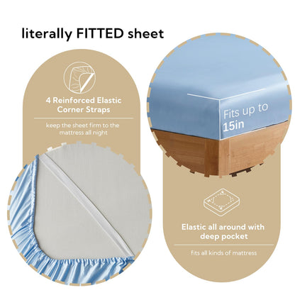 Candoury Satin Sheets Full Size Bed Sheets Set 4 Pcs, Soft and Durable Pillowcase, Flat Sheet and Fitted Sheet, Hotel Luxury Silky Satin Sheets Set (Full, Light Blue)