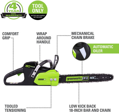 Greenworks 80V 18" Brushless Cordless Chainsaw (Great for Tree Felling, Limbing, Pruning, and Firewood) / 75+ Compatible Tools), Tool Only - Battery & Charger Not Included