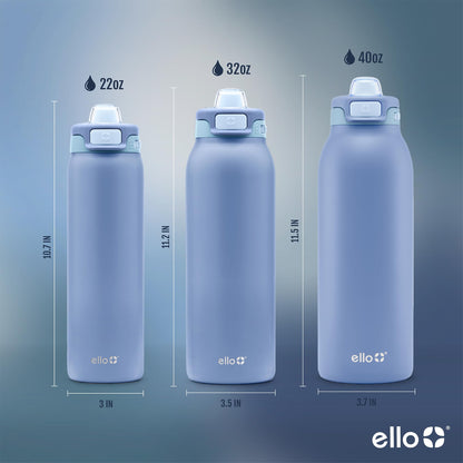 Ello Pop & Fill 22oz Stainless Steel Water Bottle with Quick Fill Technology, Double Walled and Vacuum Insulated Metal, Leak Proof Locking Lid, Sip and Chug, Reusable, BPA Free, Raincloud