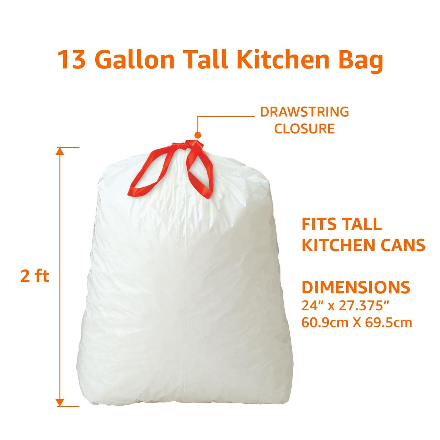 Amazon Basics Tall Kitchen Drawstring Trash Bags, Sturdy, 13 Gallon, Unscented, 200 Count