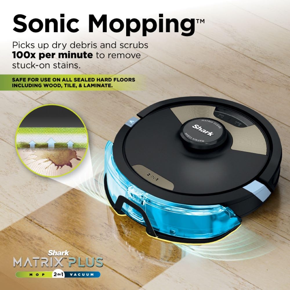 Shark Robot Vacuum & Mop Combo, Powerful Suction, Matrix Plus, 60-Day Debris Capacity, HEPA Bagless Self Empty Base, Sonic Mopping, Home Mapping for Pet Hair, Carpets & Hardfloor, Black/Gold, AV2610WA