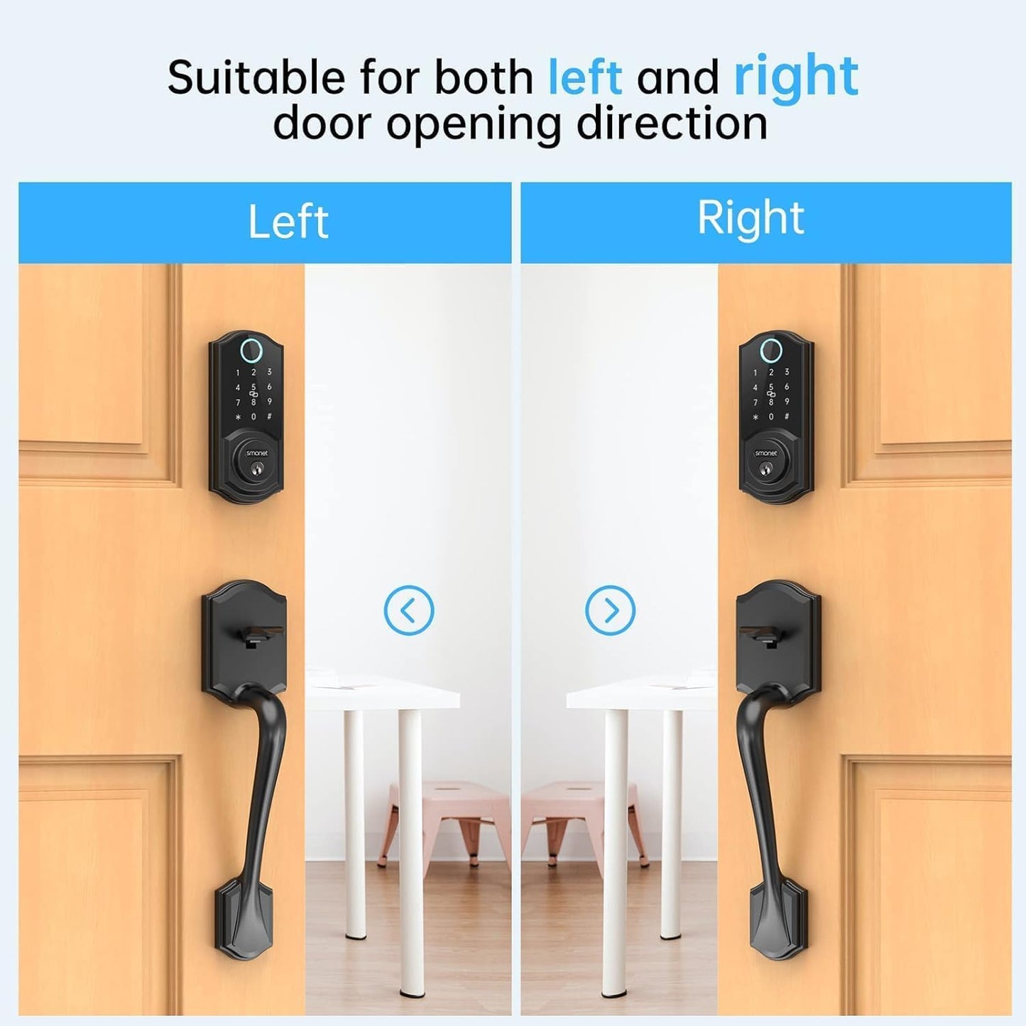 Smart Lock Front Door, SMONET Keyless Entry Door Lock with Handle, Smart Front Door Lock Set Fingerprint Smart Deadbolt Bluetooth Electronic Digital Keypad Lock, Auto Lock Work with Alexa, Black