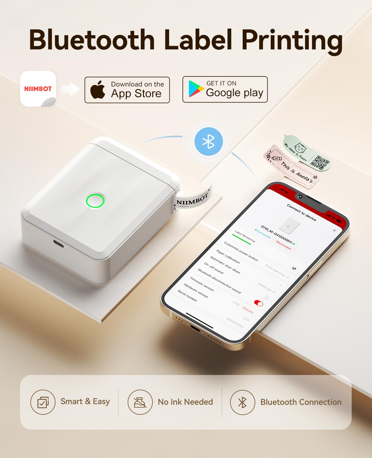 NIIMBOT Label Maker Machine Bluetooth Label Printer for School Home Office Organization, Wireless Mini Labeler D110 Upgraded Version, Label Machine with Label, White