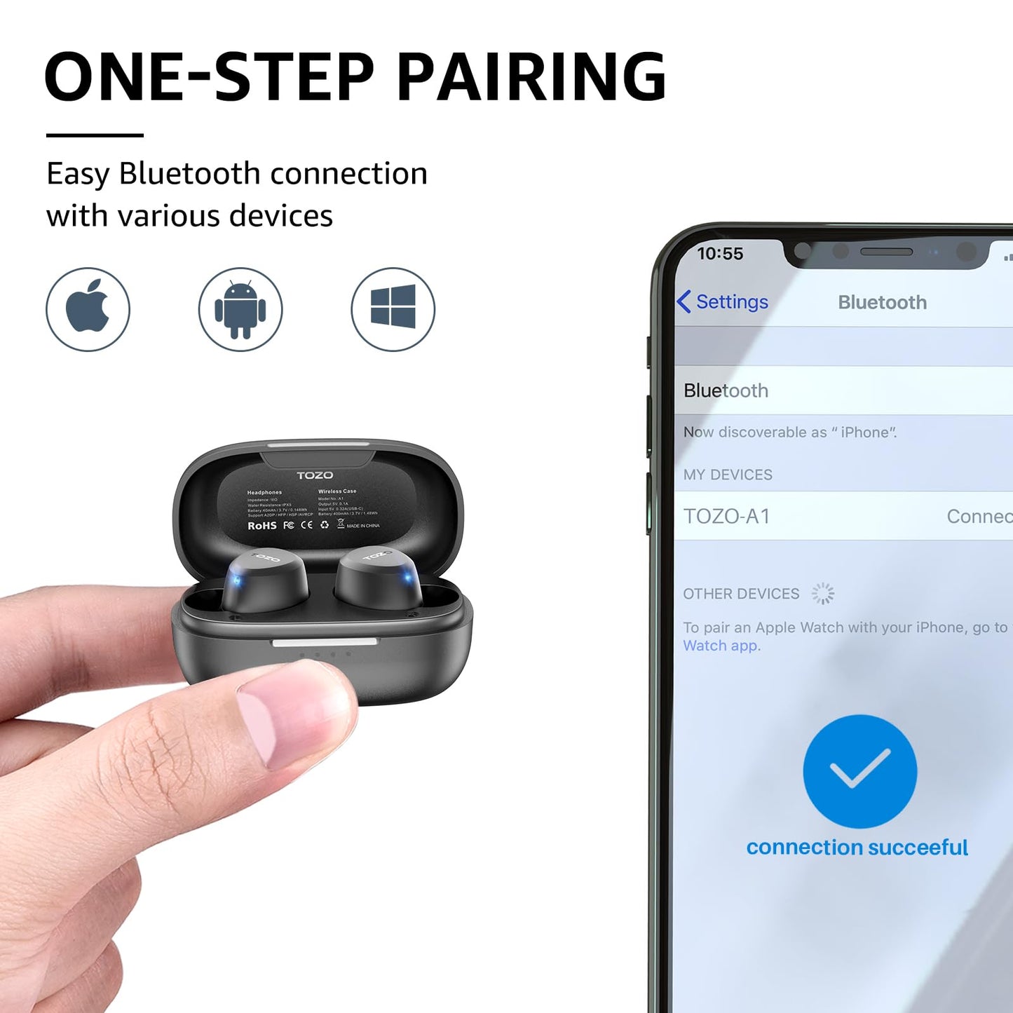 TOZO A1 Wireless Earbuds Bluetooth 5.3 Light Weight in Ear IPX5 Waterproof Headphones 2 Mic for AI Calls, Immersive Premium Sound Bass Headset with Charging Case, 32 Presets EQ Customization via App