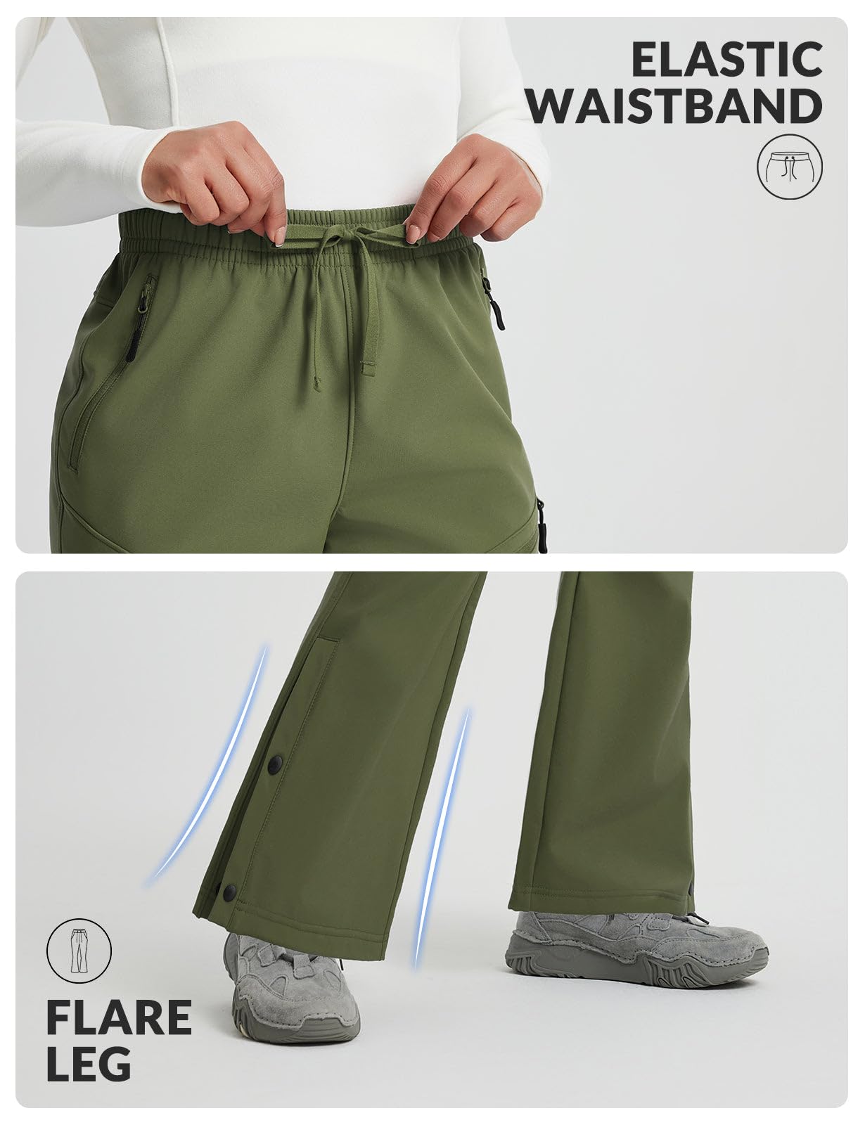 baleaf Women's Snow Ski Pants Waterproof Hiking Fleece Lined Pants Pockets Thermal Warm Insulated Softshell Army Green M
