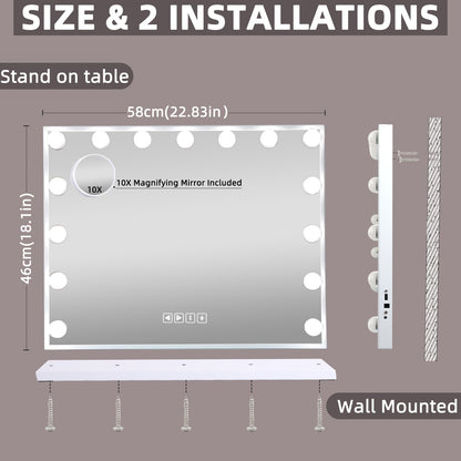 Hansong Vanity Mirror with Lights and Speaker22''x18'' Hollywood Makeup Mirror with 15 LED Bulbs Lighted Vanity Nakeup Mirror 3 Lighting Modes 10X Magnification White