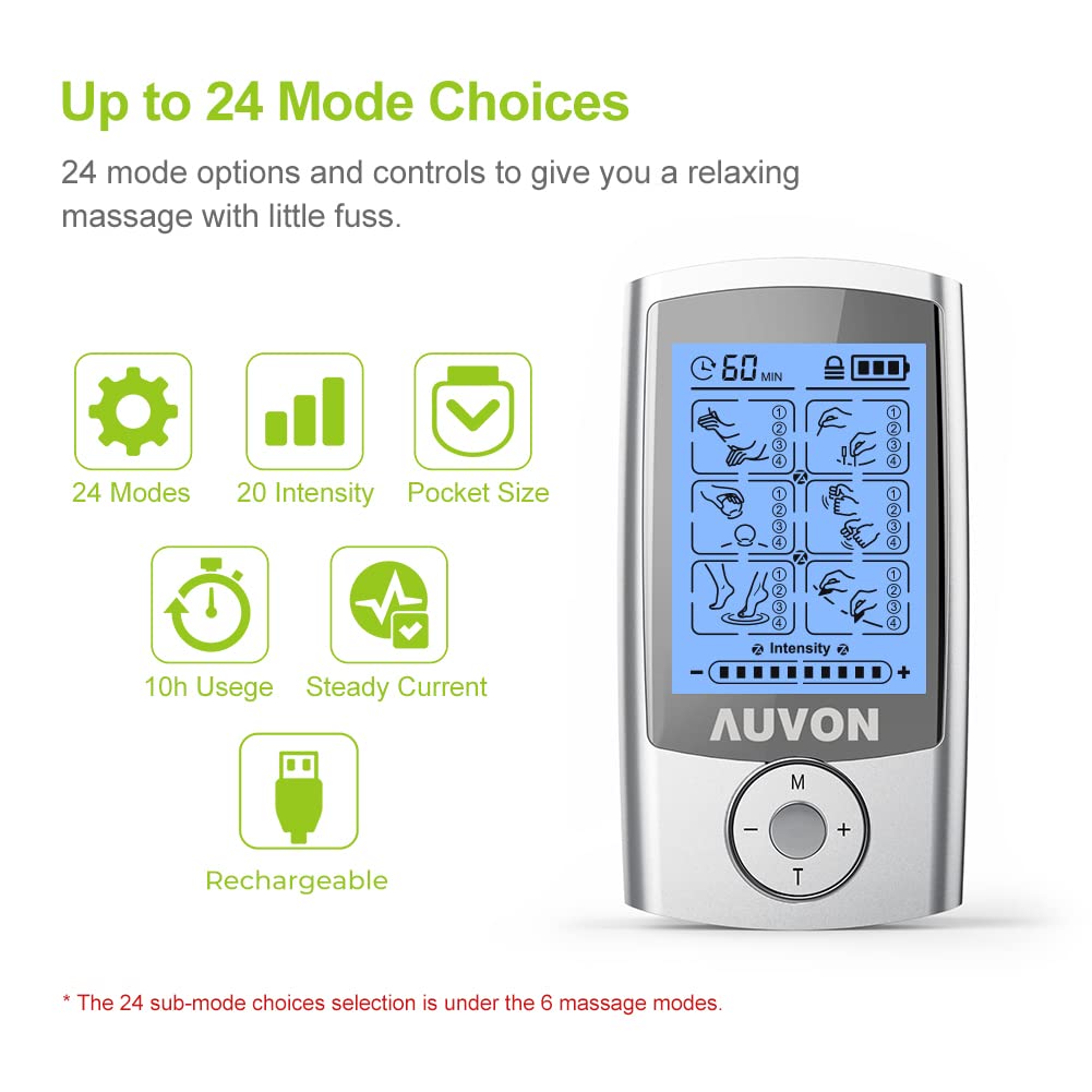 AUVON Rechargeable TENS Unit Muscle Stimulator, 24 Modes 4th Gen TENS Machine with 8pcs 2"x2" Premium Electrode Pads for Pain Relief