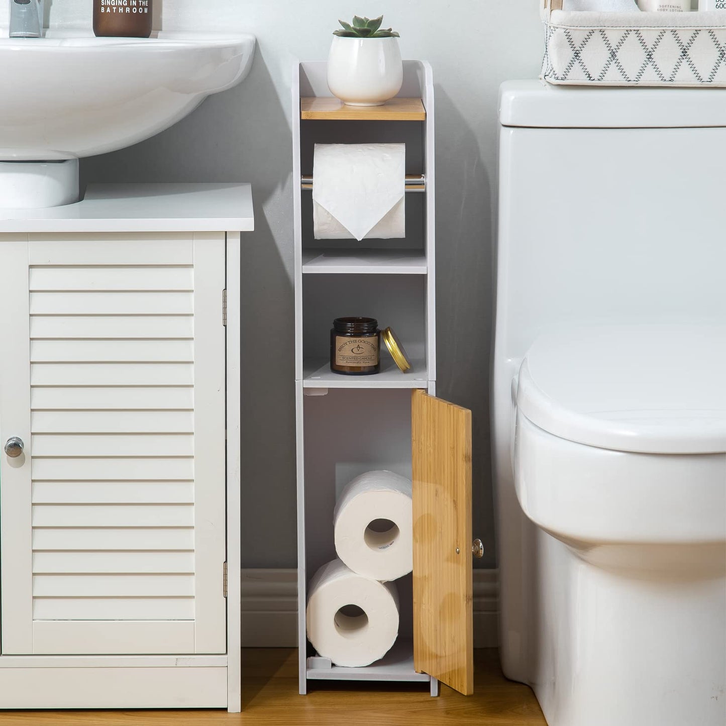 AOJEZOR Toilet Paper Holder Stand: Small Bathroom Storage Cabinet - Pure White/Bamboo
