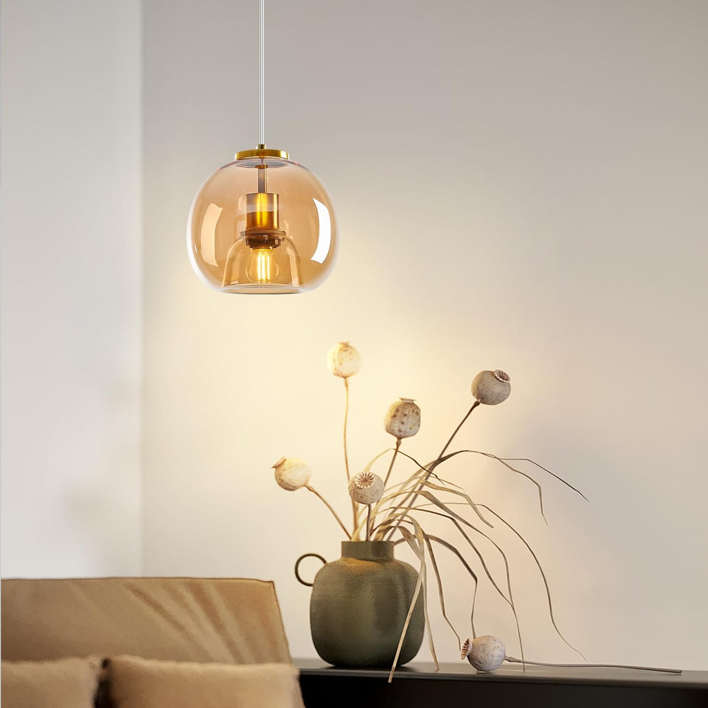 LBSQJ Amber Glass Pendant Lights Kitchen Island Gold Hanging Light Fixture Glass Globe Pendant Light Modern Pendant Lighting for Kitchen Island Bedroom Dining Room (7.87", 1 Pack)