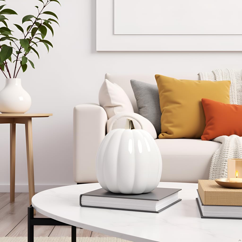 Pearhead White Ceramic Pumpkin with Gold Stem – Elegant Fall Harvest Décor, Modern Autumn Tabletop Accent, Thanksgiving Centerpiece, and Seasonal Home Decoration