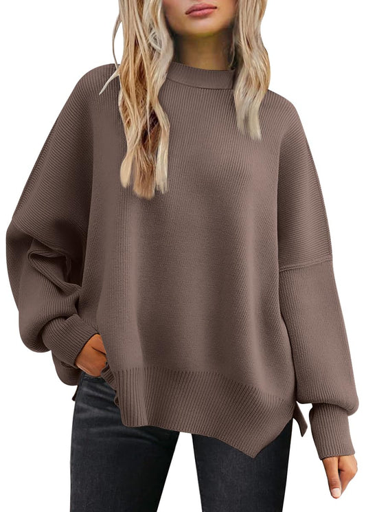 LILLUSORY Oversized Sweaters for Women 2025 Fall Fashion Outfits Trendy Crewneck Knit Cute Lightweight Sweater Pullover Tops Long Sleeve Shirts Winter Clothes Nutmeg M