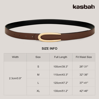 KASBAH Reversible Leather Belts For Women with Gold Buckle Fashion 2-Sided Belt Ladies Waist Belt for Jeans Dresses Pants
