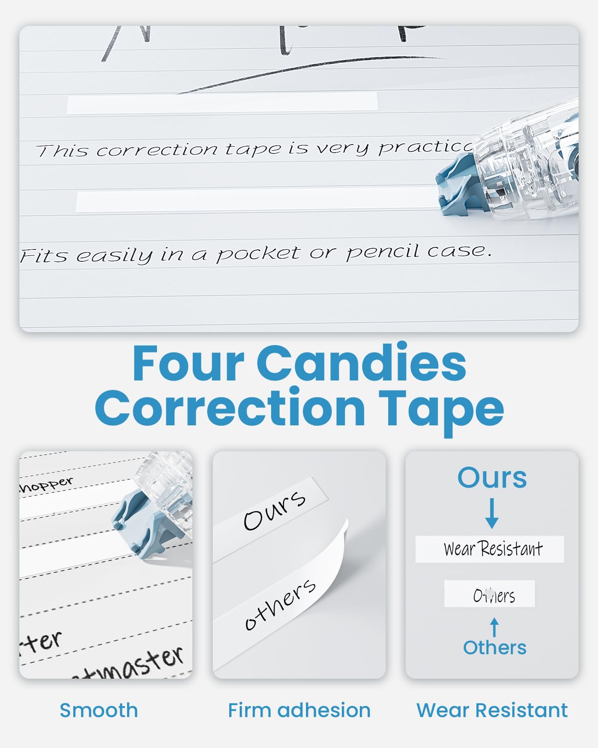 Four Candies Refillable Retractable White Correction Tape, 2PCS White Cute Smooth Push Pull Out Tape with 4 Extra Refills, Aesthetic Pen Shaped Applicator for School Office Supplies (Pink Apricot)