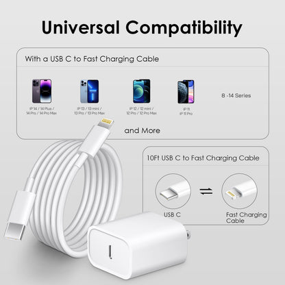 Phone 14 13 12 Fast Charger [MFi Certified] 10FT Type C Charger 2 Pack 20W USB C Charging Block with Fast Charging Cable for Phone 14/14 Pro/13/13Pro Max/12/12 Pro Max/11/XS/XR/X/8Plus