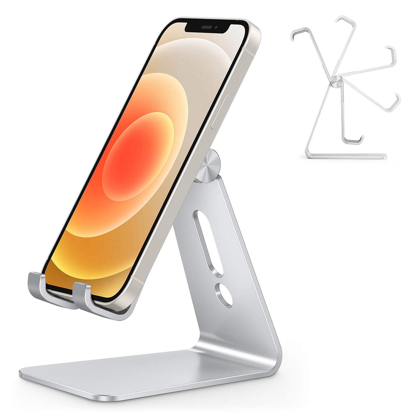 Adjustable Cell Phone Stand, OMOTON Aluminum Desktop Cellphone Stand with Anti-Slip Base and Convenient Charging Port, Fits All Smart Phones, Silver