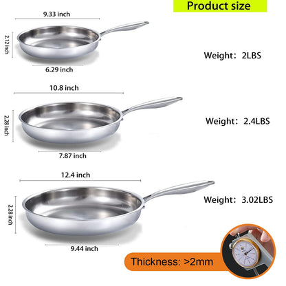 DELARLO Whole Body Tri-Ply Stainless Steel Frying Pan set, 8”/10”/12” Cooking pans, Kitchen Cookware Set, Fast Heating Chef's pan with Ergonomic Handles, Suitable for All Stove