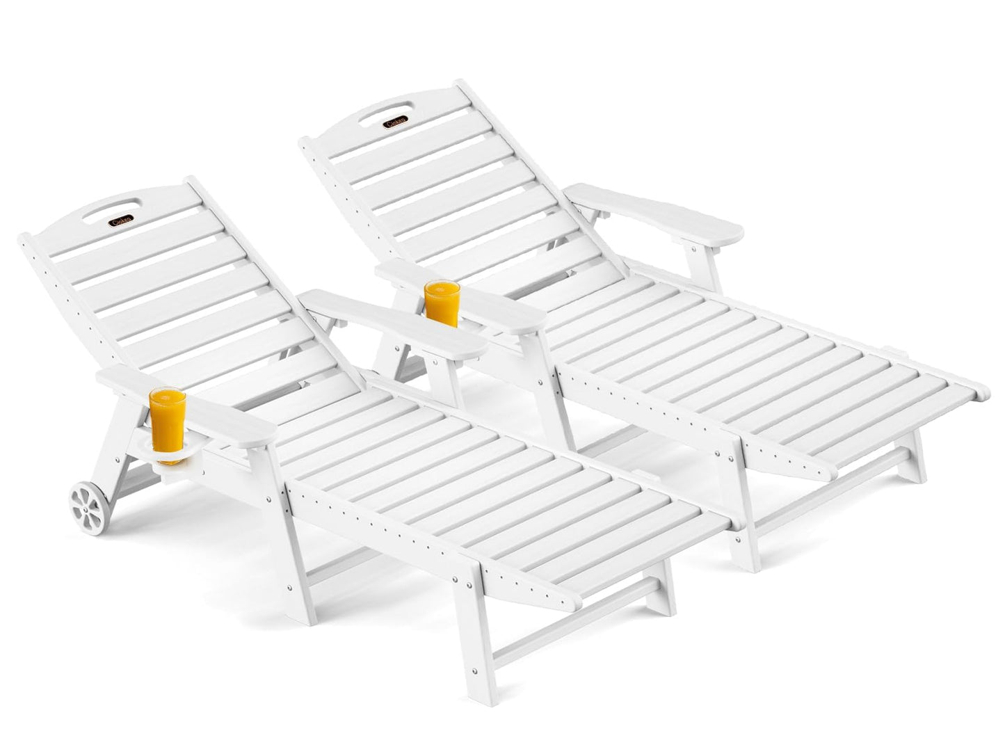 Outdoor Chaise Lounge Chair Set of 2, Patio Lounge Chairs for Outside, HDPE Lounge Chairs with Wheels & Cup Holder, Poly Lounge Chair with 5 Position for Poolside, Deck, White