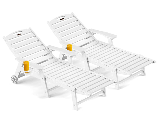 Outdoor Chaise Lounge Chair Set of 2, Patio Lounge Chairs for Outside, HDPE Lounge Chairs with Wheels & Cup Holder, Poly Lounge Chair with 5 Position for Poolside, Deck, White