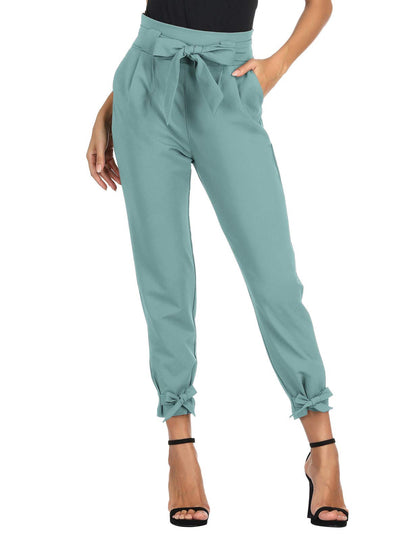 GRACE KARIN Womens Casual High Waist Pencil Pants with Pockets Bow-Knot Cropped Paper Bag Pants for Work Bluish Green S