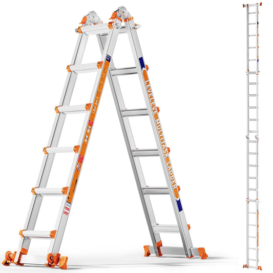 LEVELEVE Telescoping A Frame Ladder, 20FT Multi Position Ladder with Stabilizer Bar & Wheels,330 lbs Security Load for Stairs Home Indoor Outdoor Roof