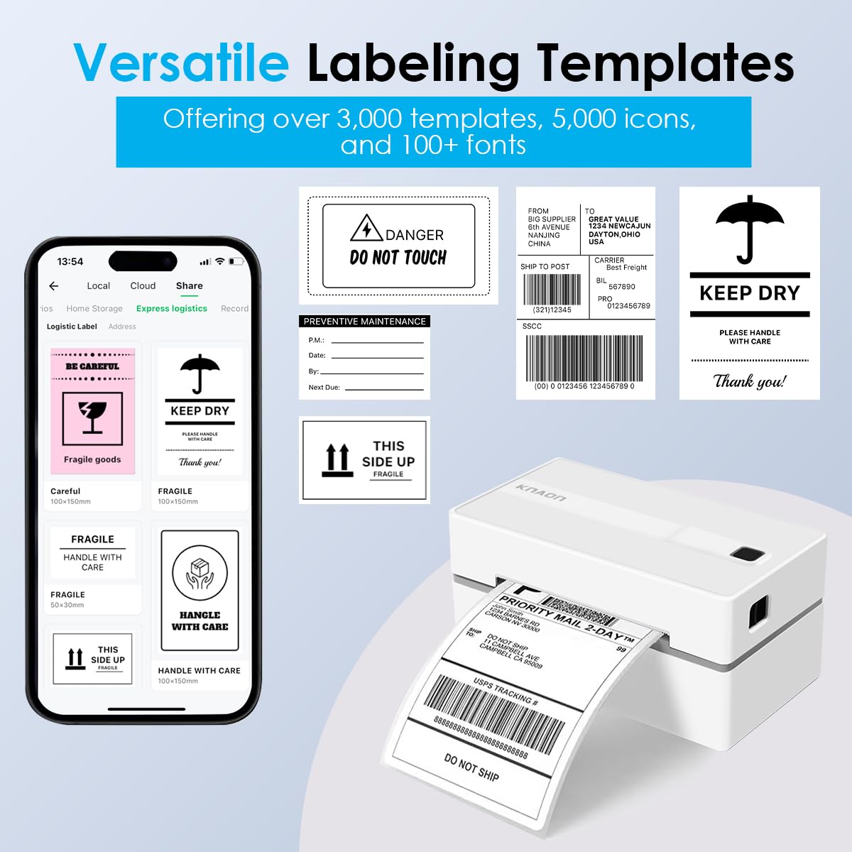 KNAON Bluetooth Thermal Shipping Label Printer, 4x6 Wireless Thermal Address Label Printer for Small Bussiness, Compatible with iPhone,Android,Windows,Mac,Chromebook –Works with eBay Shopify USPS&More