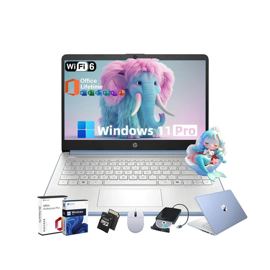 HP Business Student Laptop Computer - Windows 11 Pro & Microsoft Office Lifetime | 14 inch HD | AI-Powered, 12 Hr Batter N-Serious Laptop| 16GB RAM, 128GB UFS, 256GB Extend Micro SD | Blue