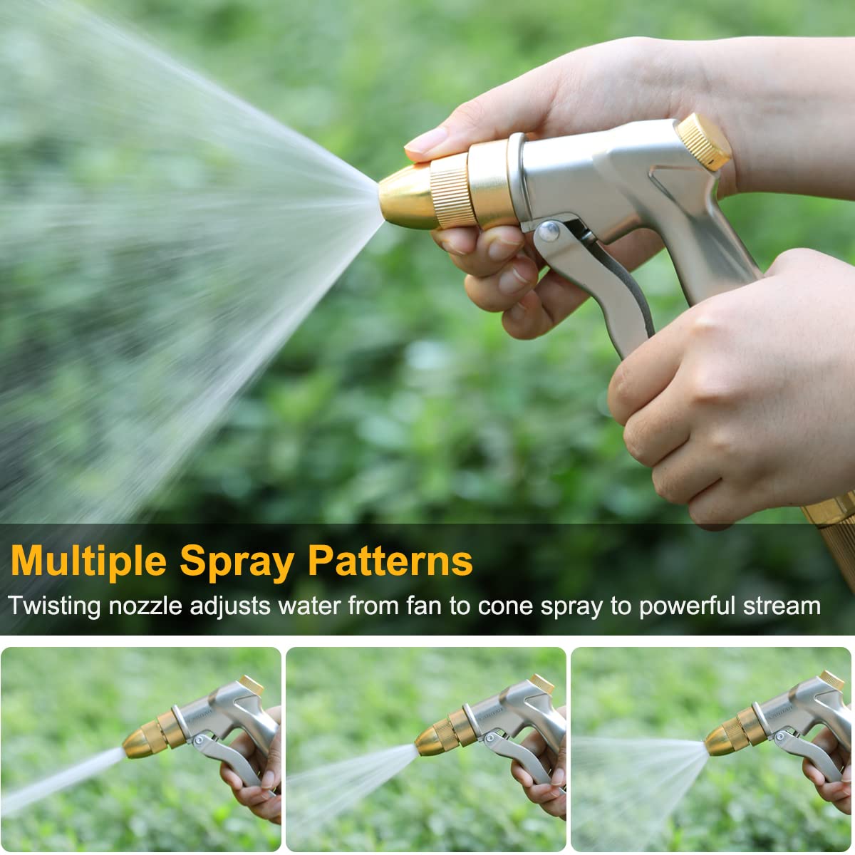 FANHAO Garden Hose Nozzle with Brass Tip, 100% Heavy Duty Metal Spray Nozzle High Pressure Water Nozzle with Adjustable Spray Patterns for Watering Plants, Washing Cars and Showering Pets