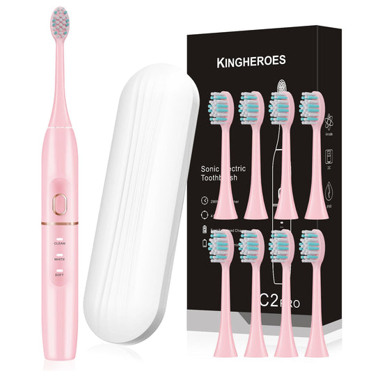 kingheroes Electric Toothbrush Set, Comes with 8 Brush Heads & Travel Case,4 Modes with 2 Minutes Built in Smart Timer, One Charge for 60 Days, 42000 VPM Motor (Pink)