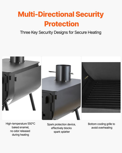 VEVOR 118" Camping Wood Stove, Portable Alloy Steel Tent Stove with 3000in³ Firebox, Outdoor Heating & Cooking Stove with Chimney Pipes & Gloves, Includes 8 Pipes for Efficient Heating