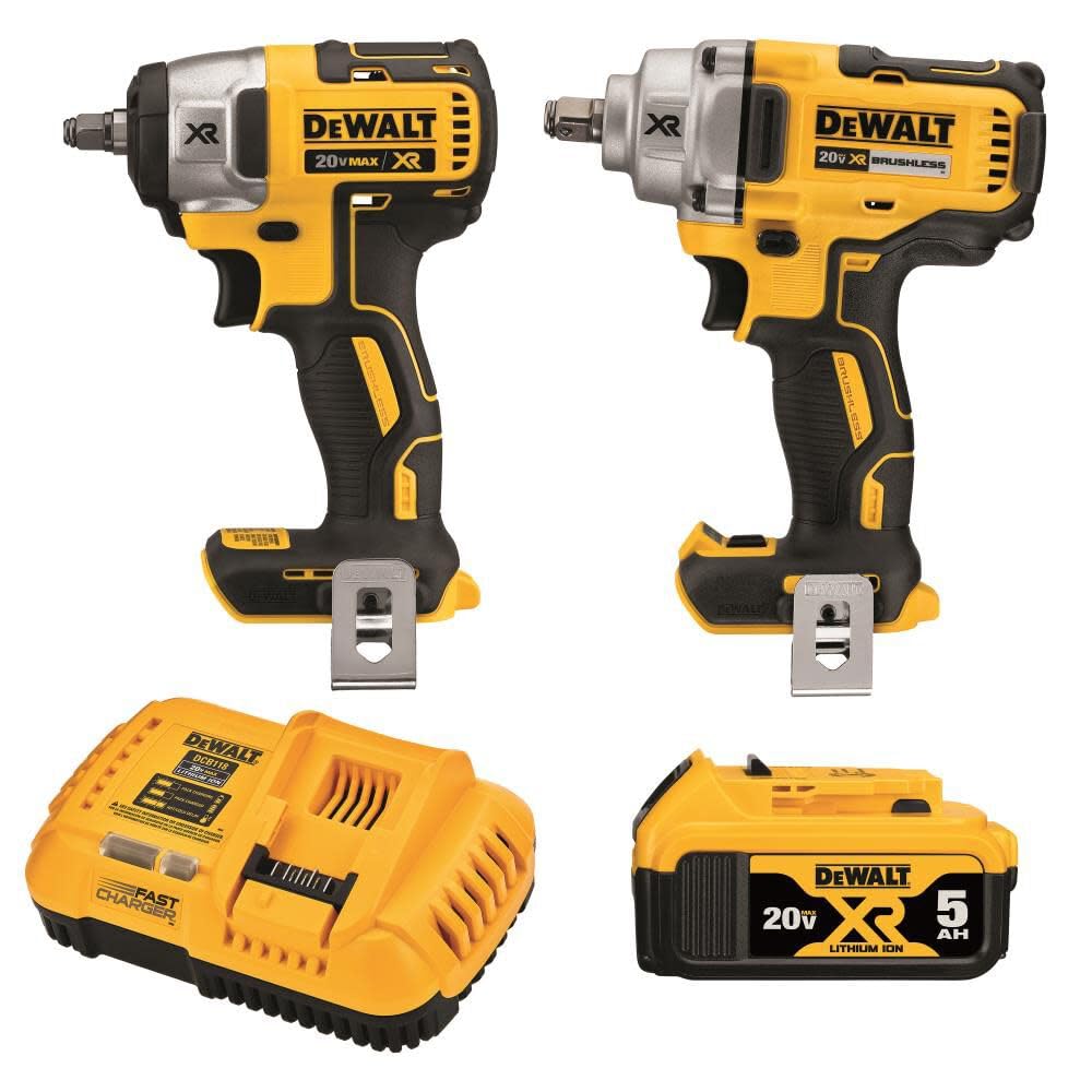 DEWALT 20V MAX Impact Wrench, Cordless 2-Tool Combo Kit, 1/2-Inch Mid-Range and 3/8-inch Compact with 5ah Battery and Charger (DCK205P1)