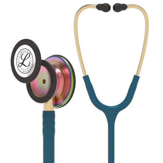 3M Littmann Classic III Monitoring Stethoscope, 5807, More Than 2X as Loud*, Weighs Less**, Stainless Steel Rainbow-Finish Chestpiece, 27" Caribbean Blue Tube, Brass Stem, and Headset