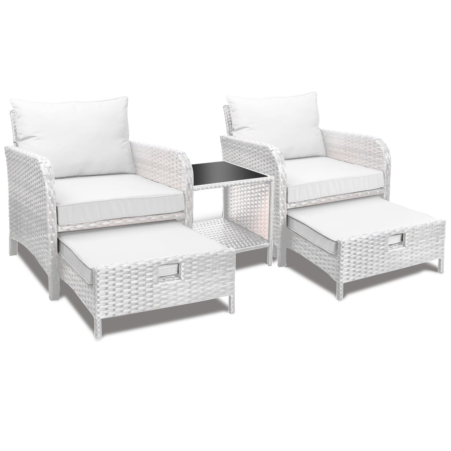 LEVELEVE Balcony Furniture 5 Piece Patio Conversation Set, PE Wicker Rattan Outdoor Lounge Chairs with Soft Cushions 2 Ottoman&Glass Table for Porch, Lawn-Grey Wicker