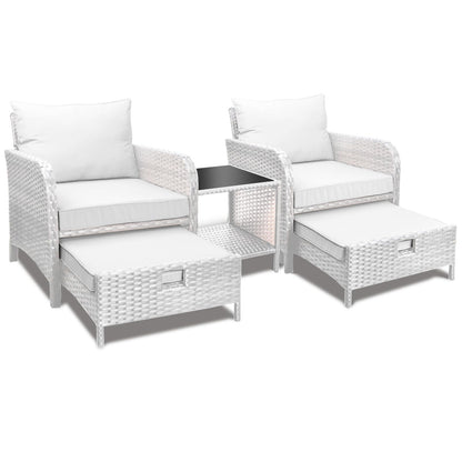 LEVELEVE Balcony Furniture 5 Piece Patio Conversation Set, PE Wicker Rattan Outdoor Lounge Chairs with Soft Cushions 2 Ottoman&Glass Table for Porch, Lawn-Grey Wicker