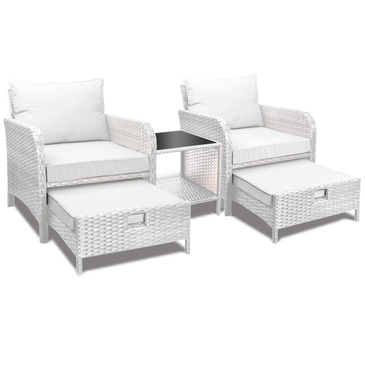 LEVELEVE Balcony Furniture 5 Piece Patio Conversation Set, PE Wicker Rattan Outdoor Lounge Chairs with Soft Cushions 2 Ottoman&Glass Table for Porch, Lawn-Grey Wicker