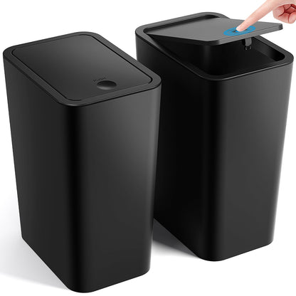 ITCPRL Bathroom Trash Can with Lid, 2 Pack 4 Gallons/15 Liters Garbage Can with Pop-Up Lid, Small Plastic Trash Can, Slim Trash Bin Waste Basket for Bathroom, Bedroom, Office, Living Room(Black)