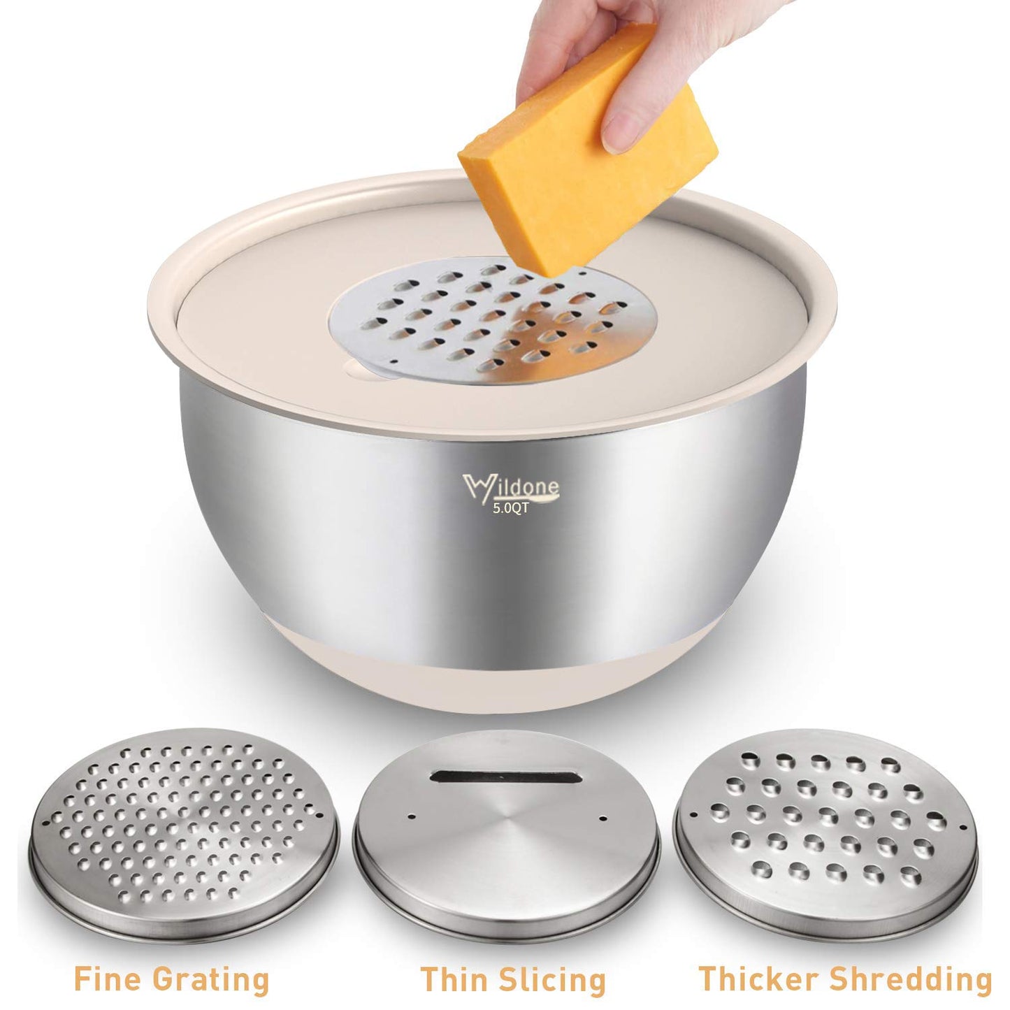 Wildone Mixing Bowls with Lids Set, 5PCS Stainless Steel Khaki Nesting Bowls with 3 Grater Attachments, Measurement Marks & Non-Slip Bottoms, Size 5, 3, 2, 1.5, 0.63 QT, Great for Mixing & Serving