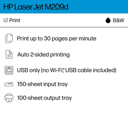 HP LaserJet M209d Laser Printer, Black and White, Automatic Duplex, USB Connection Only (Cable Included), Ideal in Home Office (8J9L0F)