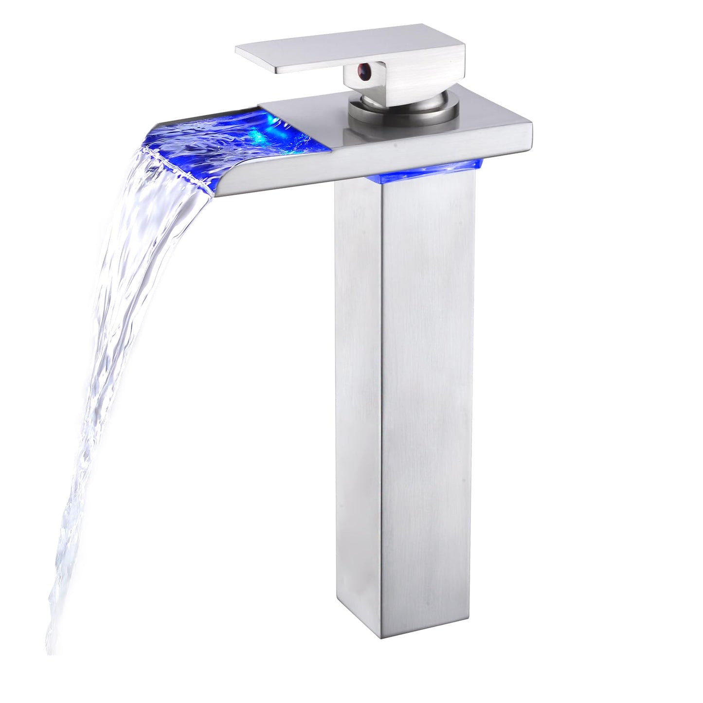 Kmeino LED Bathroom Faucet, Brushed Nickel Bathroom Sink Tall Faucet 1 Hole Waterfall Vessel with 3 Color Changing Single Handle Brass