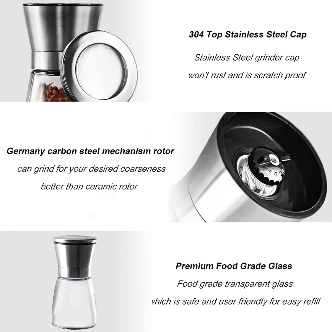 Ebaco Professional Pepper Grinder - with Germany Hardened Carbon Steel Mechanism Rotor, Refillable Pepper Mill 6OZ Glass Adjust Coarseness (1PCS-Sliver-304）