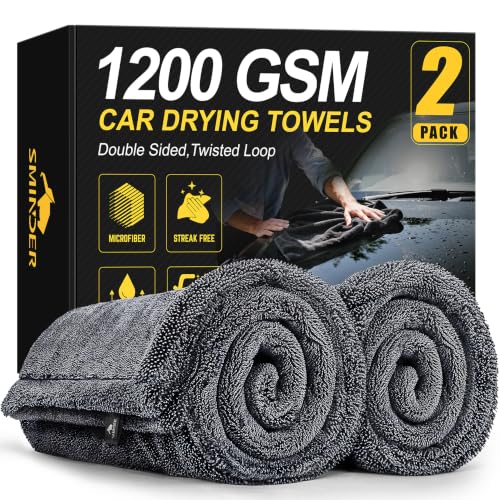 SMINDER 2-Pack 1200 GSM Car Drying Towels – Microfiber Towels for Cars (36" x 24"), Ultra-Absorbent, Streak-Free, Scratch-Free, No Water Spots, Double-Twist Pile & Edgeless Design