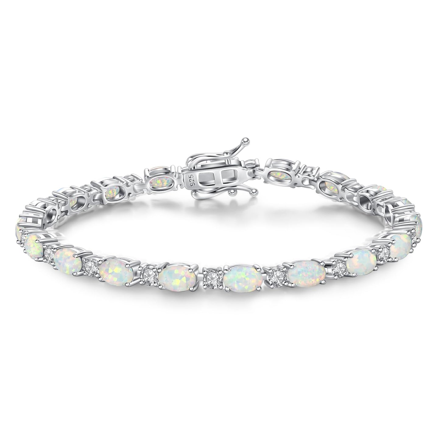 FANCIME Sterling Silver Fire Opal Tennis Bracelet October Birthstone Bracelets Cubic Zirconia Oval Gemstone Dainty Fine Jewelry for Women 7"