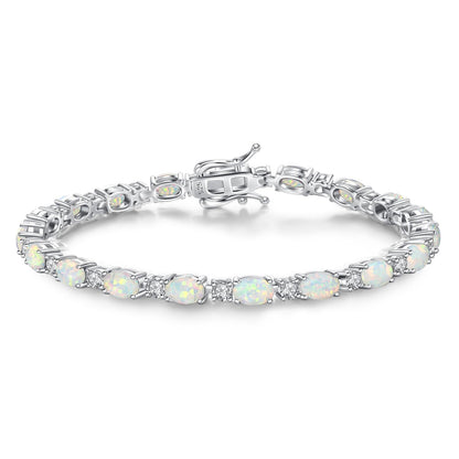 FANCIME Sterling Silver Fire Opal Tennis Bracelet October Birthstone Bracelets Cubic Zirconia Oval Gemstone Dainty Fine Jewelry for Women 7"