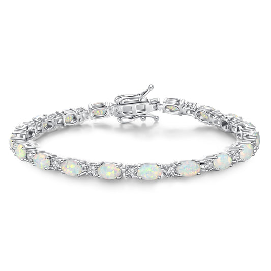 FANCIME Sterling Silver Fire Opal Tennis Bracelet October Birthstone Bracelets Cubic Zirconia Oval Gemstone Dainty Fine Jewelry for Women 7"