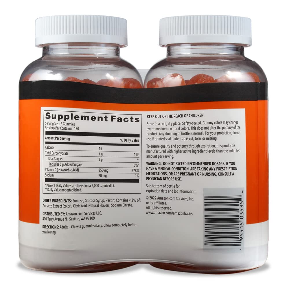 Amazon Basics - Vitamin C, 250 mg Gummies, Orange, 300 Count (2 Packs of 150), 2 per Serving (Previously Solimo)