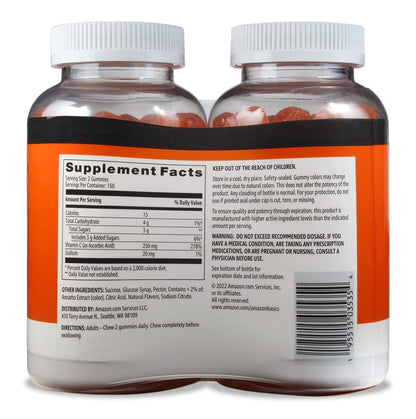 Amazon Basics - Vitamin C, 250 mg Gummies, Orange, 300 Count (2 Packs of 150), 2 per Serving (Previously Solimo)